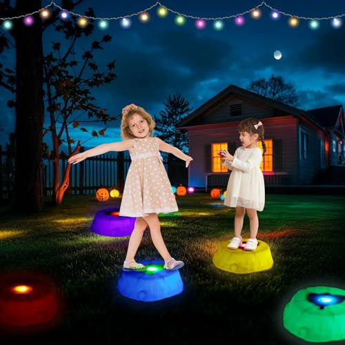 KTCINA Lot de 6 + 8 pierres d'équilibre pour enfants, avec lumière LED, jusqu'à 150 kg, pierres empilables, pierres de rivière, jeu d'équilibre antidérapant, favorise l'équilibre, la motricité (8
