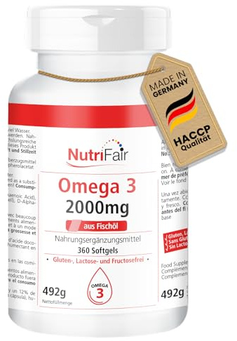 Nutrifair Omega 3, 360 softgels, 2000mg d'huile de poisson, avec EPA, DHA & vitamine E, Hautement dosé, fabrication allemande & tests en laboratoire, Premium et équitable