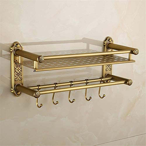 Antik mässing dubbelskikt väggmonterad handdukshylla badrumstillbehör 50 cm retro handdukshylla