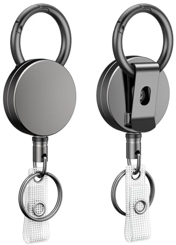 Uniclife 2-pack kraftig metall infällbar bricka rulle för märkeshållare metall infällbar nyckelring helmetallhölje med rostfritt stål fjäderspole 70 cm nylonrep karbinhake bältesklämma och nyckelring