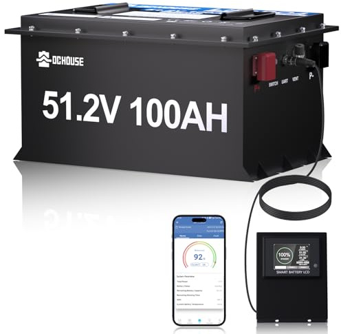 DCHOUSE 48V 100Ah LiFePO4 golfvagn batteri med Bluetooth-batteriskärm. Lågtemperaturavstängningsfunktion, robust metallhölje, lämpligt för golfvagnar, solceller, husbil, gräsklippare