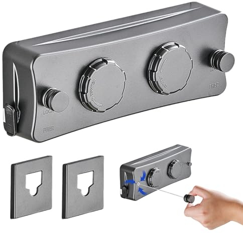 LOMUG Cuerda de tender extensible con núcleo de acero, doble cuerda retráctil, tendedero exterior, balcón, tendedero de pared, montaje en pared con dos líneas, cuerda de acero inoxidable, 5,1 m (gris)