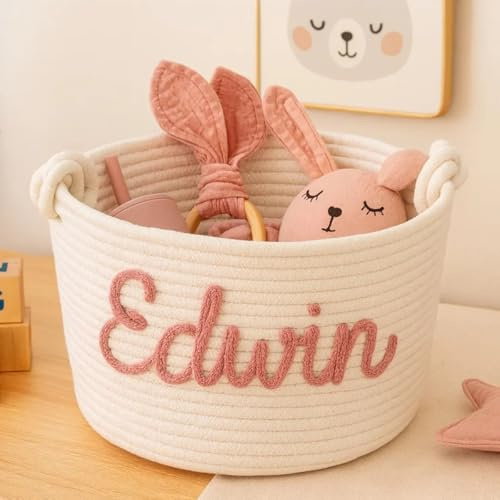 BFBZYME Cesta Personalizada De Algodón Con Cuerda Para Baby Shower – Cesta Para Guardar Juguetes Con Nombre Personalizado – Organizador De Artículos Esenciales Para Recién Nacidos(L:30X16CM)