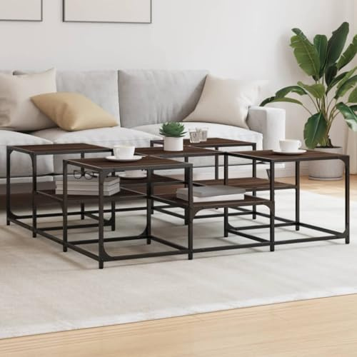 mtlskopl Couchtisch Braun Eiche 121×121×40 cm mit Doppelte Tischplatte und Metallrahmen im Industrial Look Robuster Wohnzimmertisch mit Höhenverstellbare Beinen für Livingroom & Office