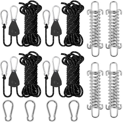 4 PCS Reflective Tent Guy Ropes, 4mm Tent Camping Cord with Pulley, 4M Heavy Duty Guide Buckle Rope with Aluminum Adjuster with High-strength Stainless Steel Rope Buckle for Outdoor, Camping, Hiking