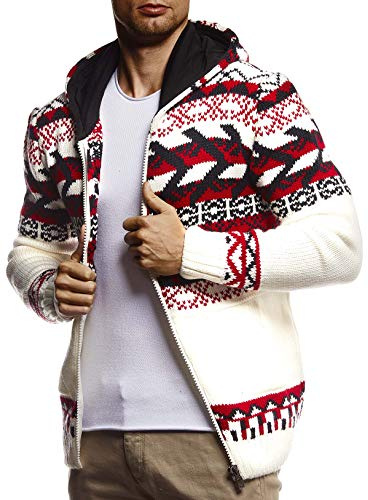 Leif Nelson LN20756 Veste en tricot pour homme avec capuche - Veste d'hiver noire - Motif norvégien - Grosse maille - Coupe ajustée - Chaude pour Noël et l'hiver, ecru, S