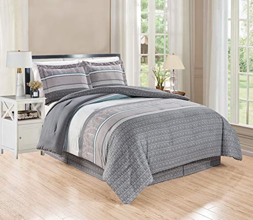 GrandLinen - Set di biancheria da letto double-face, Piumone in piuma d'oca, 4 pezzi e 3 pezzi Queen Grigio, Teal Blue, Bianco, Strisce.