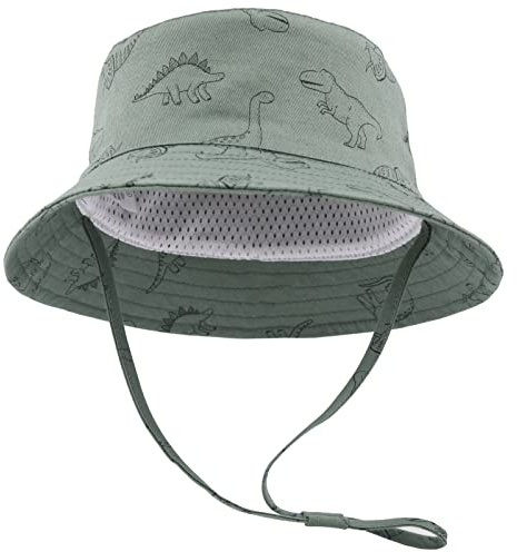SEYUFN Bob Sonnenhut Baby-Fischerhut mit breiter Krempe Sonnenhut mädchen Verstellbarer Baumwollhut UV-Schutz Sommerhut für Kinder(Grüner Dinosaurier,6-12 Monate)