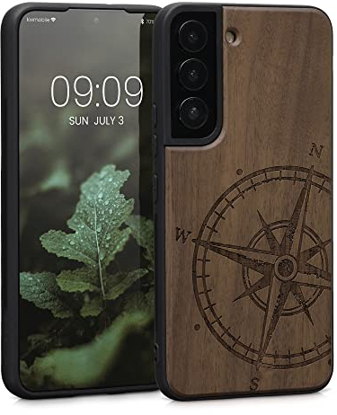 kwmobile Hülle kompatibel mit Samsung Galaxy S22 Hülle - Holz Case - Handy Cover - TPU Handyhülle in Dunkelbraun Kompass Vintage