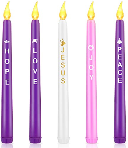 Fovths 5-pack jul LED adventsljus med ord hopp fred kärlek glädje Jesus advent flamlösa ljus LED kona advent firande ljus för jul krans adventdekor, rosa, lila, vit
