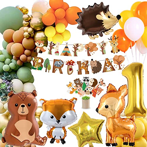 1 födelsedagsdekoration pojke flicka, barns födelsedagskalas dekoration, födelsedagsdekoration 1 år, skogsdjur djungelfödelsedagsdekoration, orange brun ballong med Happy Birthday-banderoll, tårtlock