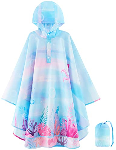 WAWSAM Kids Poncho Waterproof - Mermaid Rain Poncho for Girls - Lightweight Hooded Raincoat with Storage Bag - Portable Rainwear for School & Travel