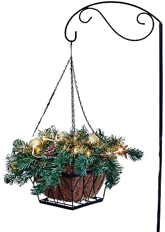 Gartenstecker mit Blumenampel & Gesteck + LED Beleuchtung, Schäferstock mit Haken, Weihnachtsdeko, Garten-Deko für Draußen