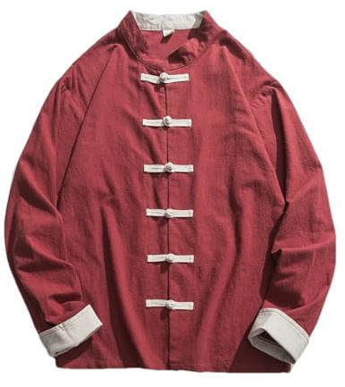 BoShiNuo Kimono Giacca Uomo Tradizionale Cinese In Piedi Camicia Lino Hanfu Top Manica Lunga Tang Suit Kung Fu Abbigliamento, Rosso, L