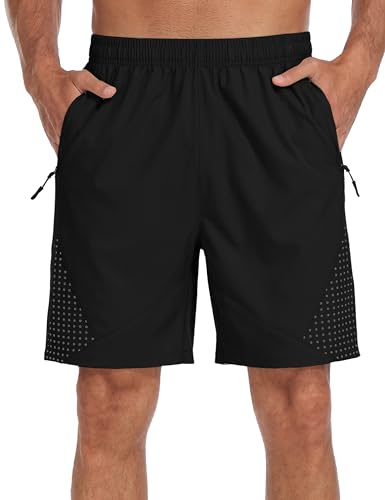 MoFiz Lätta sportshorts herr korta löparshorts jogging sommarträning snabbtorkande shorts med dragkedja fickor, Svart, XL