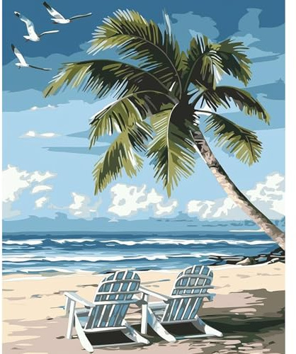 Fountor Beach Paint by Numbers for Adults, Seascape Adult Paint by Numbers Canvas Kits Without Frame, DIY Acrylic Number Painting Adults for Gifts Home Wall Decor 16x20 Inch