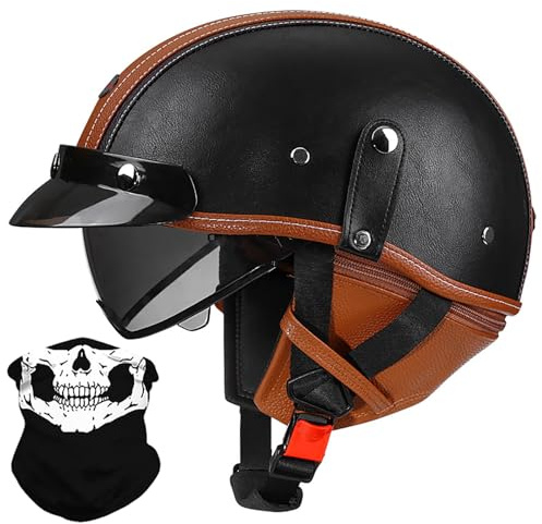 Medio Casco Moto Retro Casco Abierto Cuero Alemán, Hombres Mujeres Bike Cruiser Chopper Ciclomotor Scooter Casco Media Concha Vintage con Bufanda Desmontable, Aprobado ECE 57-64cm
