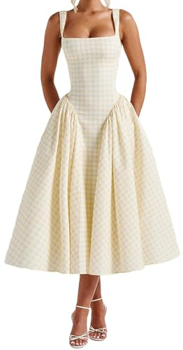 FeMereina Women’s Corset Dress Sexy Spaghetti Strap Bustier Midi Dress Low Cut Flowy Pleated Hem Formal Dresses