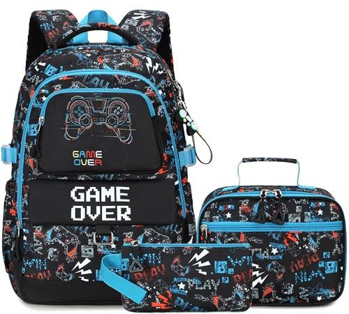 Makukke Juego de mochila escolar para adolescentes y niños, mochilas escolares con fiambrera y estuche, regalos geniales para escuela primaria y secundaria, Juego de mochila escolar para gamer-01