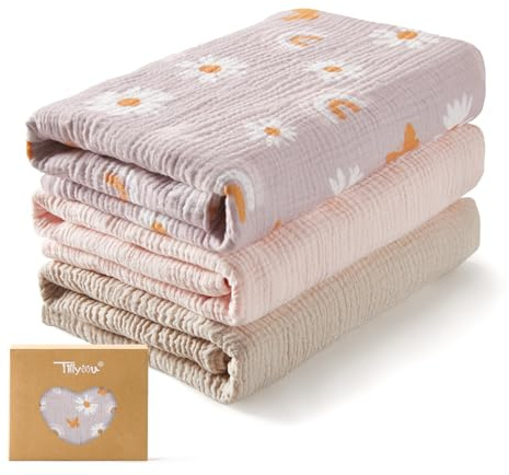 TILLYOU Juego de 3 paños de muselina para bebé, 75 x 100 cm, manta de muselina, 100% algodón, manta para bebé, diseño de mariposa, color rosa