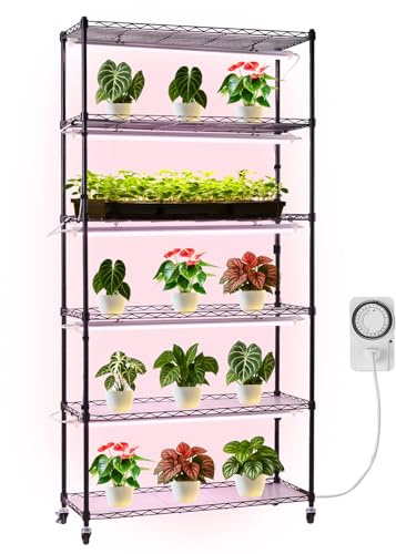 VEVOR Soporte para Plantas con Luz de Cultivo 6 Niveles Alto 180 cm 150 W, Estante para Plantas con Ruedas Giratorias, Temporizador Mecánico, para Crecimiento de Planta, Macetas, 900 x 350 x 1800 mm
