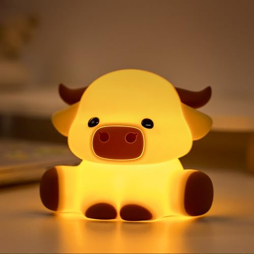 Gemmac Highland Cow Luz Nocturna Infantil, Lámpara de Noche de Silicona, LED Lámpara de Noche con Regulable 7 Colores 3 Modos Brillo Temporizador, Night Light Táctil de Animales para Decoración Hogar