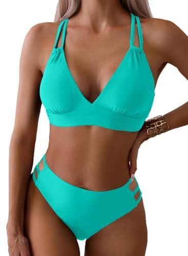 Yutdeng Traje de Baño Mujer de Dos Piezas Push Up Cuello V Conjunto de Bikini Mujer Sexy Estampado Floral Bañador 2 Piezas Ajustable Cruzada Tirantes Conjuntos de Bikinis Playa Relleno Cintura Media