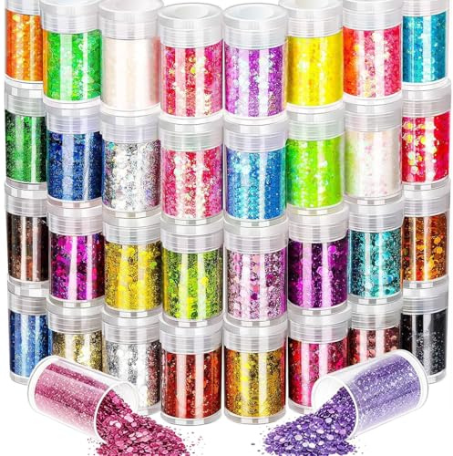 32 Chunky Glitter, Extra Chunky Glitter Powder, Craft Glitter for Soap Paint, Card & Jewellery Making, Nail Polish, Epoxy Resin, Candle Making, Bath Bombs, Slime, Crafts Decoration in Christmas Party
