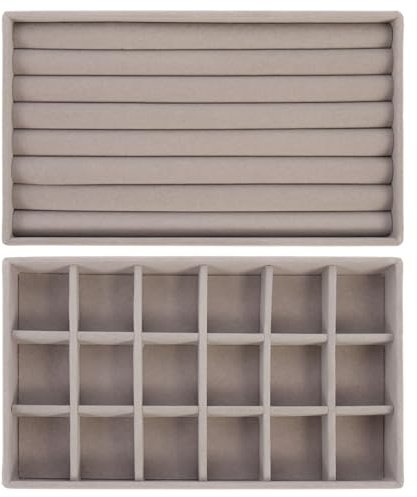 COOPHYA Organizer per Gioielli Impilabile Grigio 18 Scomparti e Vassoio Porta Anelli, Supporto per Orecchini e Contenitore da Cassetto per Esposizione e Protezione Gioielli in Casa