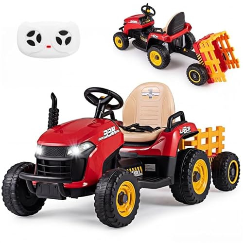 GOPLUS Elektrisk traktor för barn, 24 V traktor med släpvagn, elbil med fjärrkontroll, horn, växelspak, musik och LED-strålkastare, elfordon uppsätesbil för barn från 3 år (röd)
