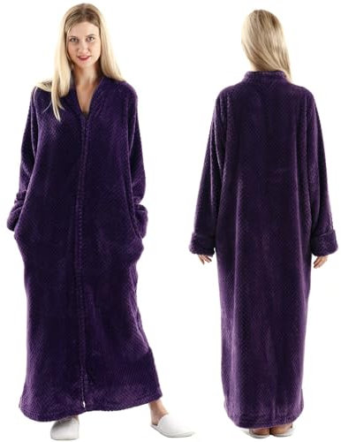 Oksun Bademantel Morgenmantel für Damen Weich Flauschig Kuschelfleece Lang Saunamantel mit Reißverschluss, Größe XL, Violett