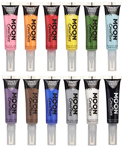 Face & Body Paint with Brush Applicator by Moon Creations - Water Based Face Paint Makeup for Adults, Kids - 15ml - Available in 16 colours (Set of 12)