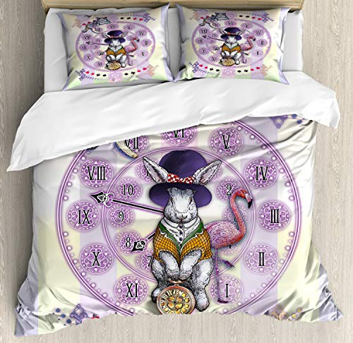 ABAKUHAUS Animal Duvet Cover Set, Alice in Wonderland Rabbit and Cat Fiction Story Novel Child Display Story, Bedding Set 3 Pieces with 2 Pillow Shams, Double UK Size, Lilac Pale Yellow