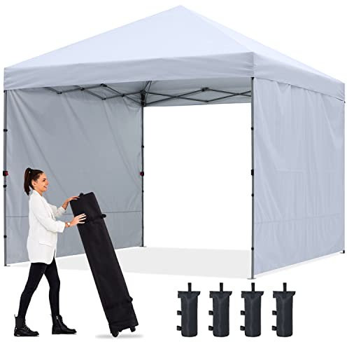 ABCCANOPY 3 x 3 m pop-up paviljong med två sidopaneler, uppgraderad rullväska, 4 viktväskor, insatser och rep (grå ram, vit)