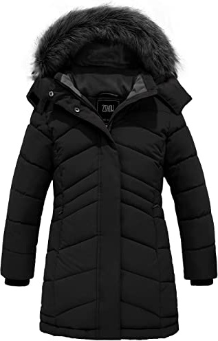 ZSHOW Girls' Long Puffer Jacket Windproof Thick Padded Snow Winter Coat(Black,14-16)