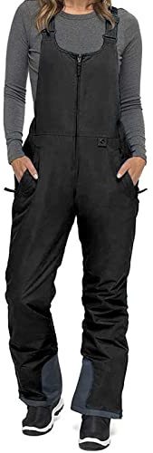 FeMereina Womens Insulated Water Resistant Ski Snow Bib Pants Windproof Zip Front Jumpsuit Snowboard Pants Winter Overalls (Black, Medium)