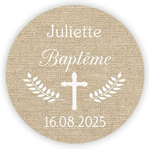 MameArt 50 Pièces Autocollants Personnalisées Baptême Croix, Prénom et Date, 4cm Étiquettes Autocollants pour Mariage Anniversaire Ans Baptême Cadeaux Fête (Lin) 1FR1002A