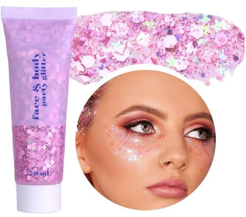 Beliky Girl Body Glitter Gel,50ML Face&Body Gel Shimmer Liquid Eyeshadow,Mermaid Holographic Sequins,Chunky Glitter for Face Hair Nails, New Year, Valentine's Day Festival Rave Accessories(Pink)