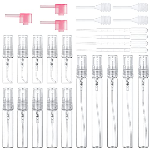 tao pipe 15 Stück Mini Feinnebel Sprühflasche Transparent Glas Reise Leere Zerstäuber Sprühflaschen mit Pipetten und Presskopf für Parfüm, Körperpflege Flüssigkeit, Kosmetik,3ml/5ml/10ml