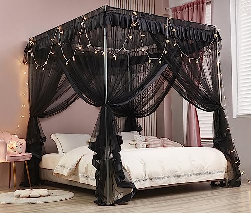Mengersi Cortinas de cama con dosel, toldo de cama, lujosas cortinas acogedoras, elegantes accesorios de decoración de dormitorio para adultos, negro, California King