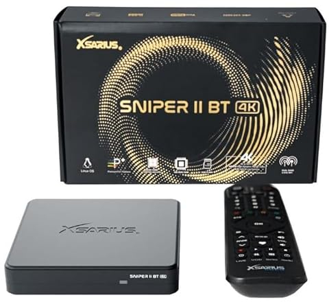 Xsarius, Sniper 2 Bluetooth 4K Linux TV Box, Lernbare Bluetooth Fernbedienung, Dualband WiFi WLAN, Internet Radio, YouTube, Premium 2 LIVE-TV App, HDR10, 8GB, 2X USB 2.0 + HM-SAT HDMI Kabel
