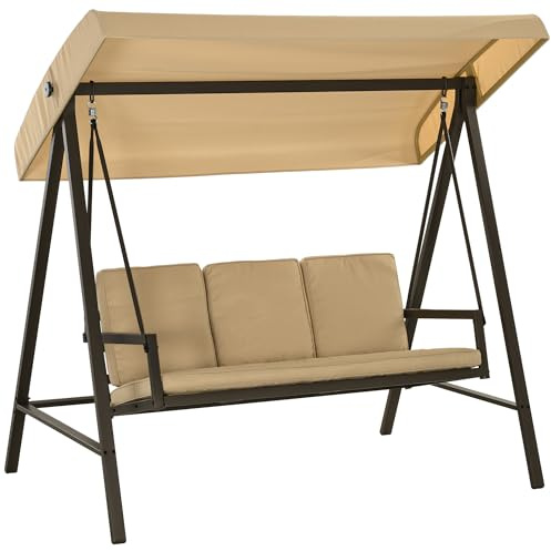 Outsunny Hollywoodgunga 3-sitsig gungbänk med justerbart tak, svängbänk med ryggkudde, trädgårdsgunga kan belastas upp till 360 kg, beige, 200 x 125 x 175 cm