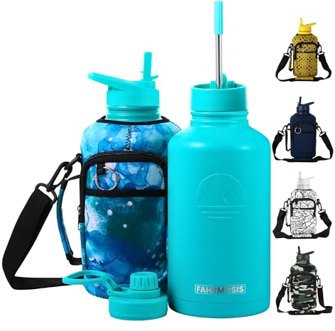 FAHRMOSIS 64 Oz Insulated Water Bottle with Strap Stainless Steel Sports Water Bottle with 3 Lids (Straw, Chug and Flip Lid) Leak Proof Metal Half Gallon Jug for Men & Women - Teal