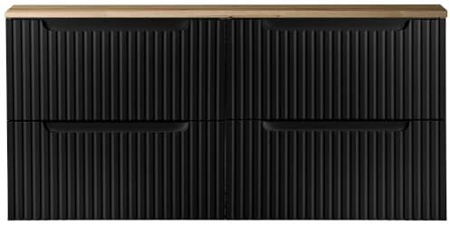 Lomadox Meuble de salle de bain double lavabo 120 cm, en noir avec chêne, avant rainuré, sans poignée