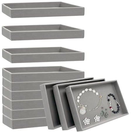 YEXEXINM Lot de 12 petits plateaux à bijoux en velours de qualité supérieure, empilables – Pour colliers, boucles d'oreilles, bagues, bracelets, 21,6 x 12,7 x 2,5 cm, gris (1 grille)