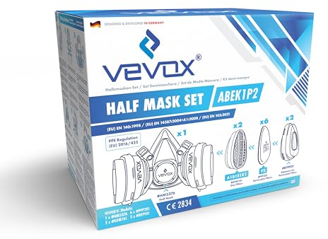VEVOX® Atemschutzmaske – A1P2 Filter – Schutz gegen Feinstaub, Gase und Dämpfe – Zum Lackieren, Schleifen und Sanieren – Gasmaske, Staubmaske & Lackiermaske – inkl. 6x P2 und 2x A1 Filter
