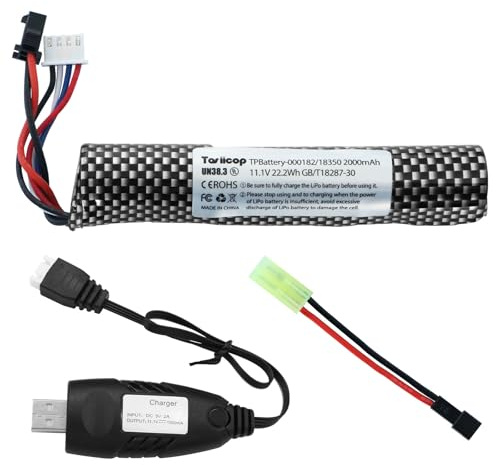 Tosiicop Airsoft Gel Blaster Battery - 11.1V 2000mAh Water Bead Splatter Ball Batteries with Mini Tamiya to SM2P Plug Rechargeable Charger Cable for Splat Ball Replacement - 1 Pack
