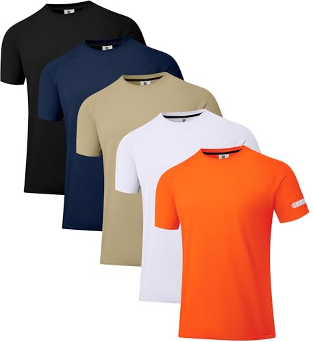 Holure träningströjor för män, UPF 50+ solskydd, utslagsskydd t-shirts, snabbtorkande, SPF, UV, simning, kortärmade skjortor, 5-pack-svart/marinblå/kaki/vit/orange, L