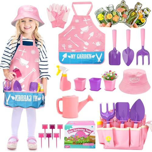 Kids Gardening Tools Set,Garden Set for kids include Rake,Fork,Trowel, Hat ,Watering Can,Gloves,Tote Bag,Plant pots, Spring Summer Toy Outdoor Gift for Toddler Boy Girl