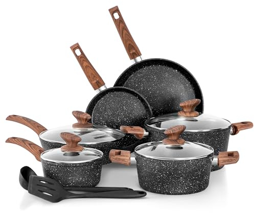 Kitchen Academy 12 Pieces Nonstick Pots and Pans Set, Induction Cooking Pan Set, Non Stick Saucepan Set, Frying Pan Set Black